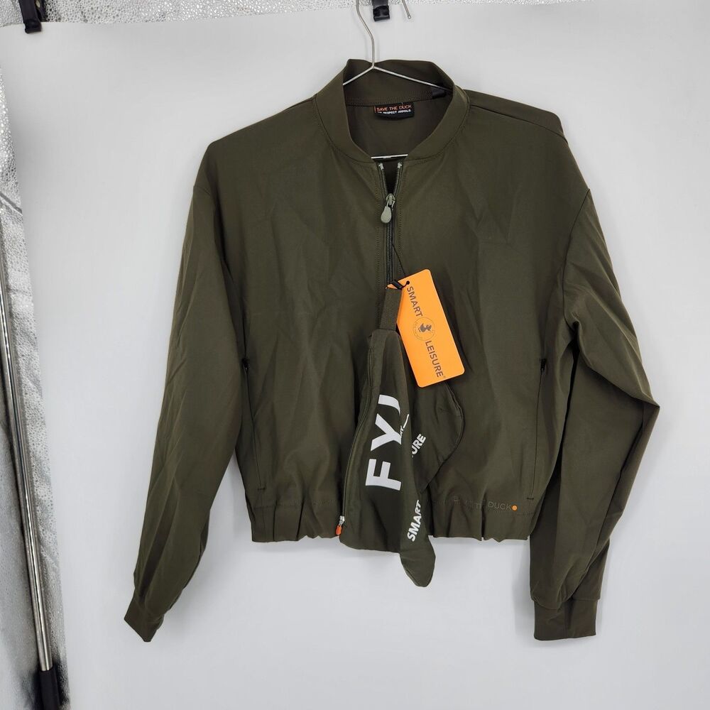 Save The Duck Women's Small Alana Snake Green Bomber Jacket FYI Pouch
